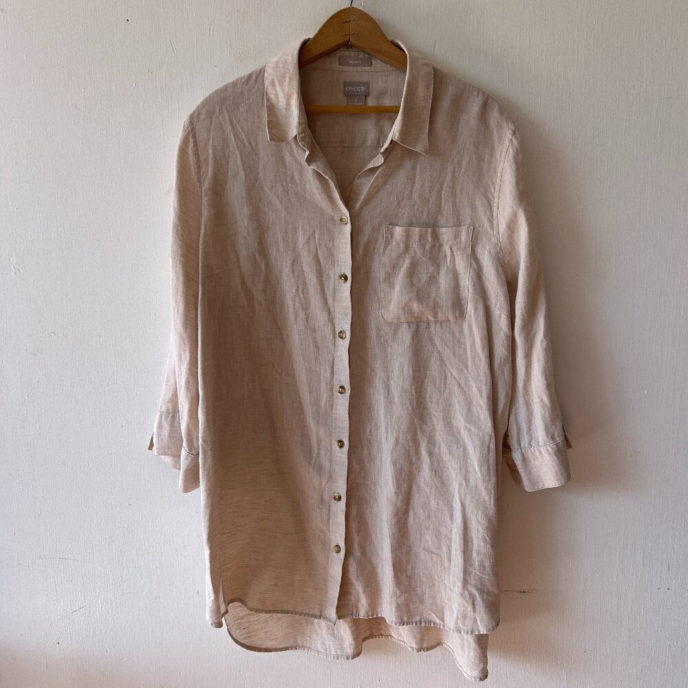 Chicos No Iron Linen Blouse Womens 16/18 Tan Button Front Collared Minimalist